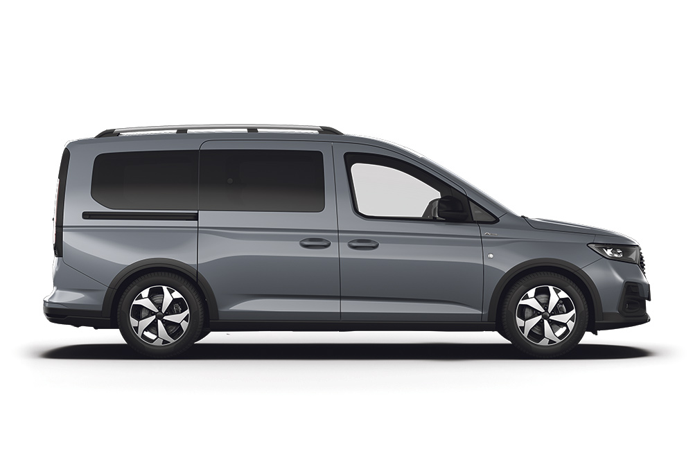 Uma carrinha Ford Tourneo Connect híbrida plug-in prateada.