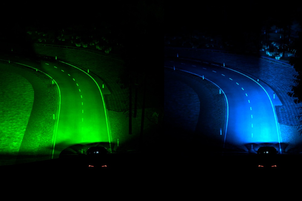 Duas imagens demonstrativas dos faróis dinâmicos em curva preditivos, uma com luz verde e outra com luz azul.