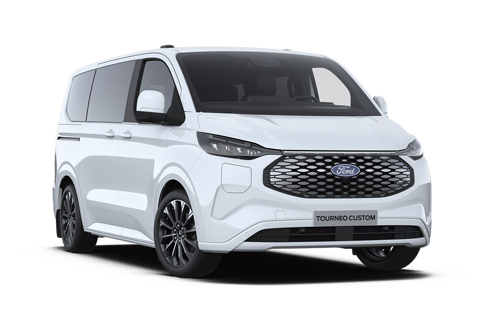 Ângulo dianteiro esquerdo de um Ford E-Tourneo Custom Titanium X branco.