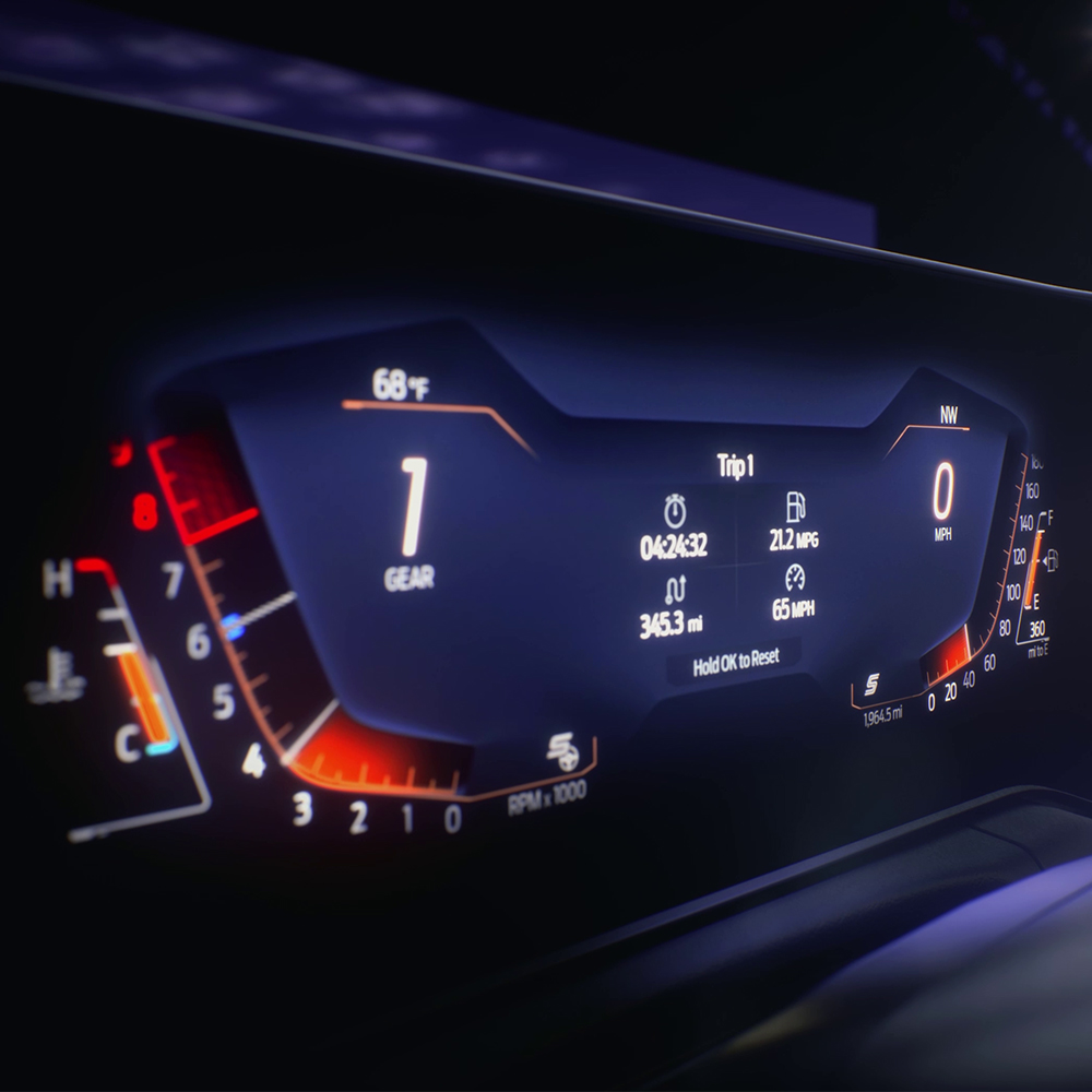 Grande plano do painel de instrumentos digital de 12,4” do Ford Mustang.