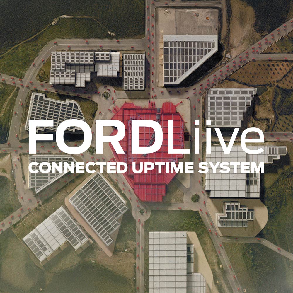 Vista aérea de uma instalação com o logotipo FordLiive.