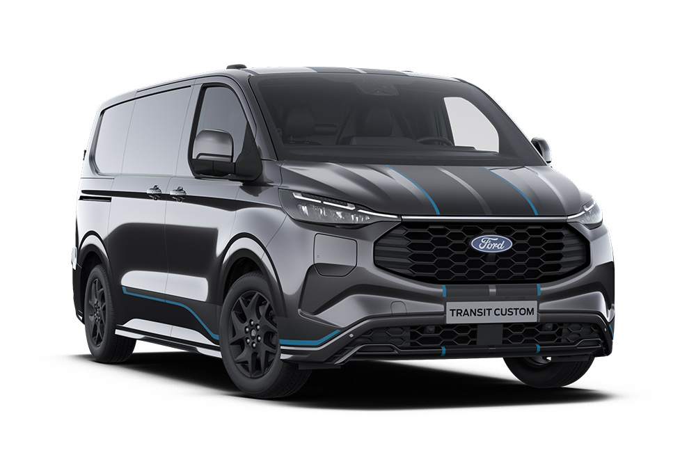 Furgão Ford Transit Custom Sport cinzento-escuro com detalhes em azul.
