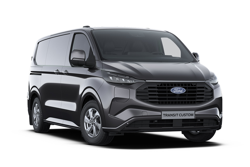 Furgão Ford Transit Custom Limited cinzento-escuro, vista da parte dianteira.