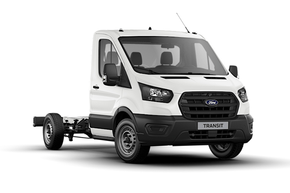 Carrinha Ford Transit Chassis Cabina Simples Base branca sobre fundo branco.